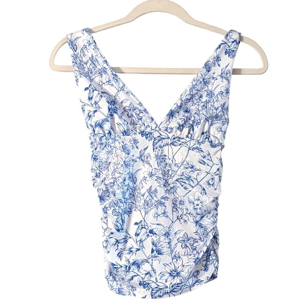 Blue White Floral Ruched Tank Top XS Cottagecore Coquette